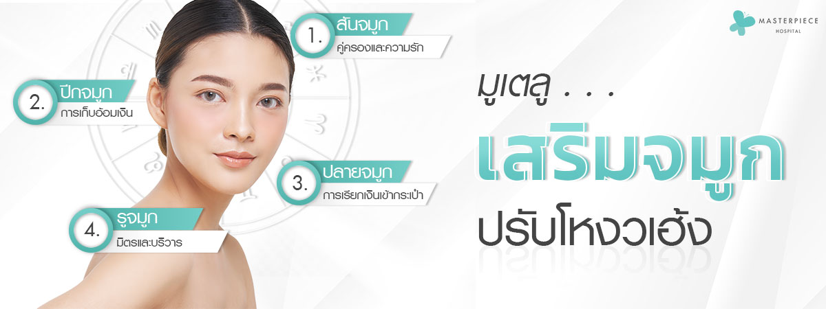 ผู้หญิงหันหน้าตรงพื้นหลังเป็นสัญลักษณ์ราศีต่าง ๆ รายละเอียดส่วนต่าง ๆ ของจมูกที่จะช่วยในเรื่องโหงวเฮ้ง
1. สันจมูก เกี่ยวกับคู่ครองและความรัก
2. ปีกจมูกเกี่ยวกับการเก็บเงิน
3, ปลายจมูกเกี่ยวกับการเรียกเงินเข้ากระเป๋า
4. รูจมูกเกี่ยวกับมิตรและบริวาร