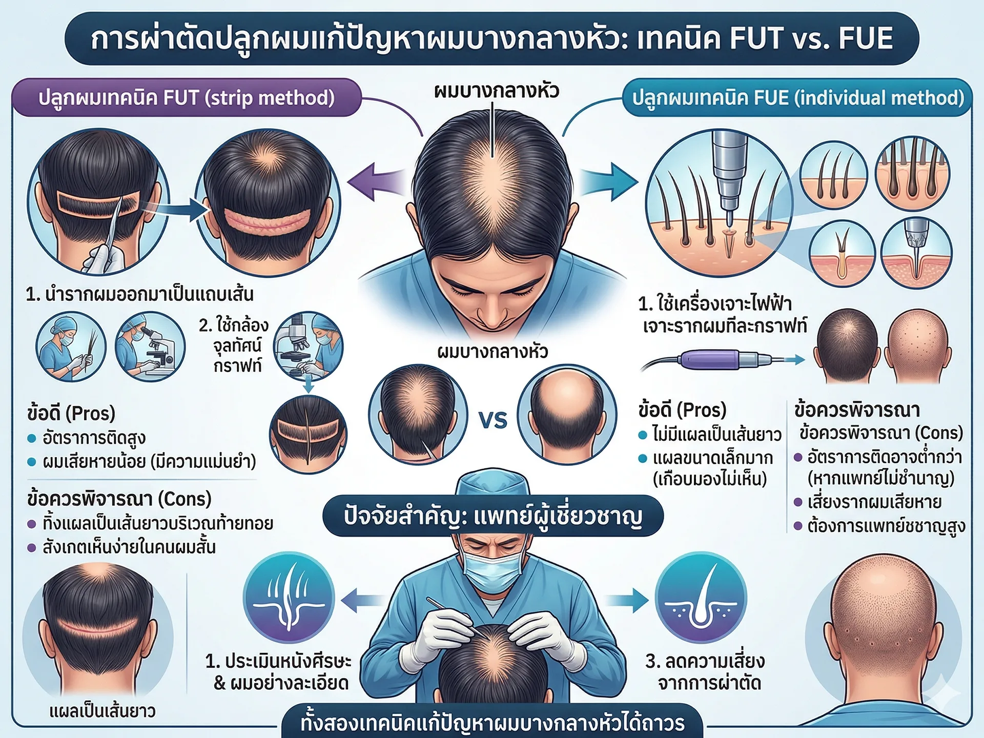 การผ่าตัดปลูกผมเทคนิคไหนบ้างที่เหมาะแก้ปัญหาผมบางกลางหัว