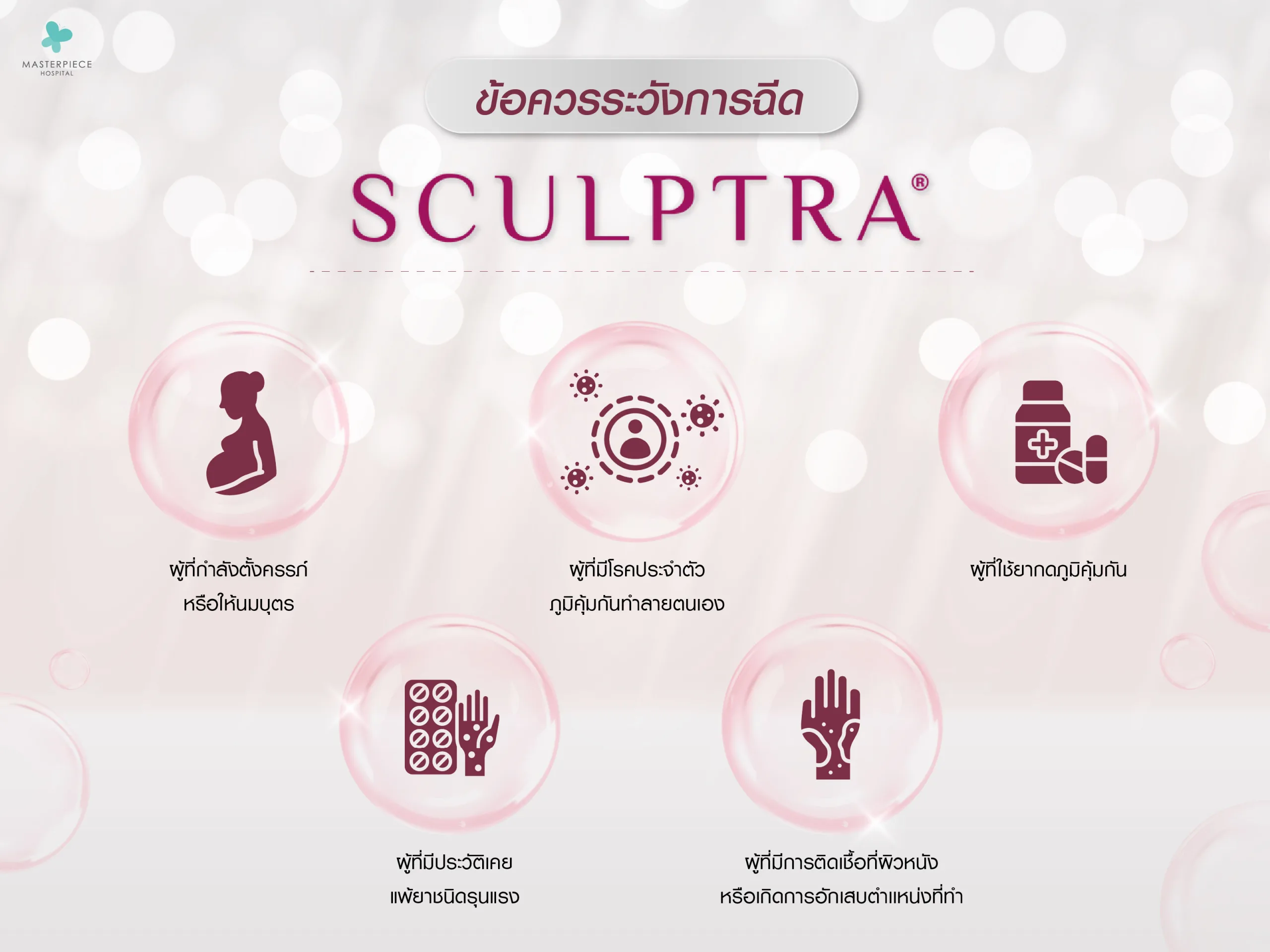 ข้อควรระวัง การฉีด Sculptra คือคนที่กำลังให้นมบุตร มีอาการติดเชื้อบริเวณผิวหนัง ผู้ใช้ยาทดภูมิ ผู้มีโรคประจำตัวภูมิทำร้ายตัวเอง