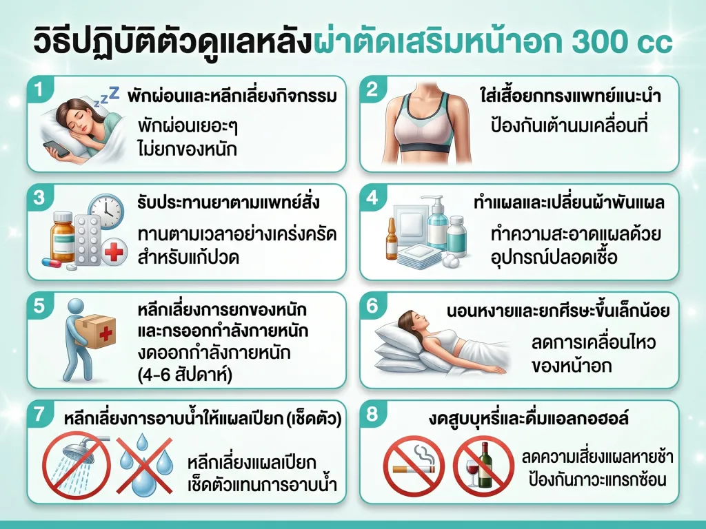 วิธีปฏิบัติตัวดูแลหลังผ่าตัดเสริมหน้าอก 300 cc