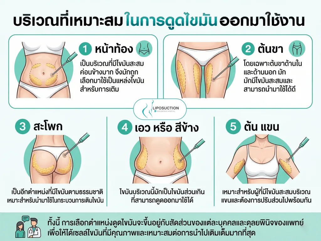 บริเวณที่เหมาะสมในการดูดไขมันออกมาใช้งาน