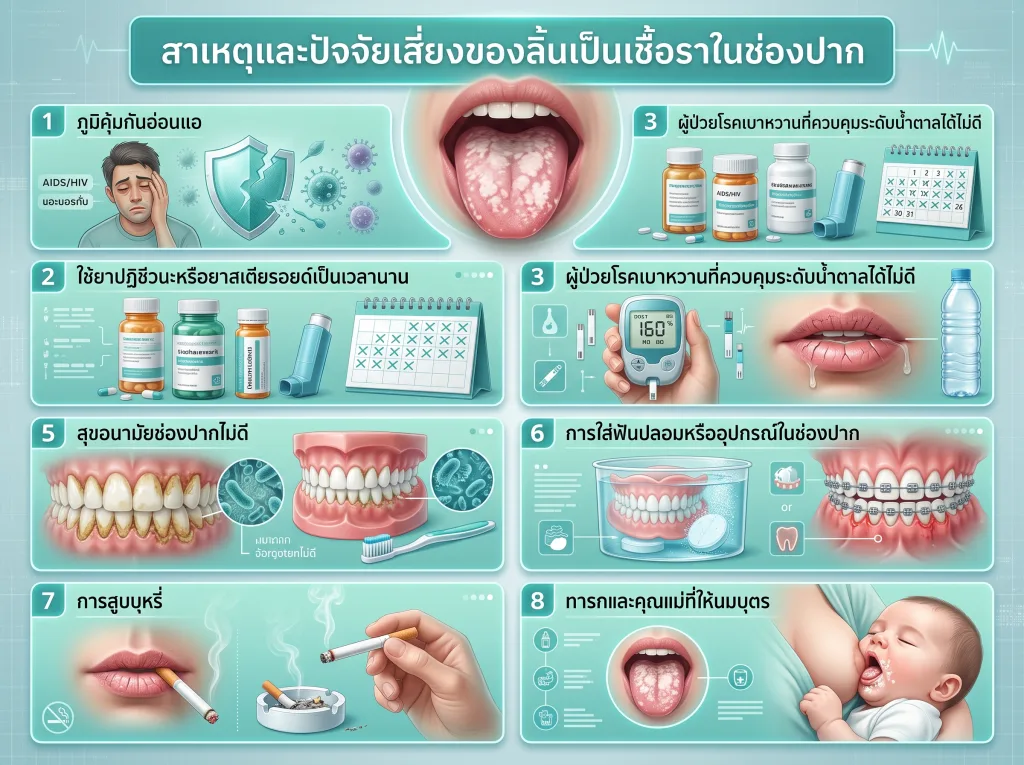 สาเหตุและปัจจัยเสี่ยงของลิ้นเป็นเชื้อราในช่องปาก