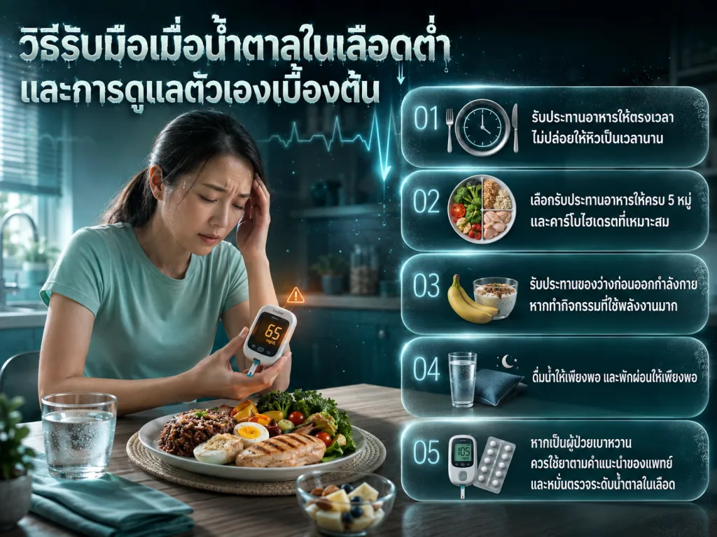วิธีรับมือเมื่อน้ำตาลในเลือดต่ำ และการดูแลตัวเองเบื้องต้น