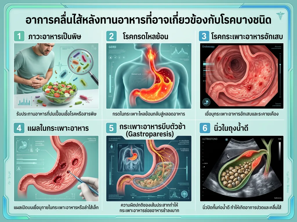 อาการคลื่นไส้หลังทานอาหารที่อาจเกี่ยวข้องกับโรคบางชนิด