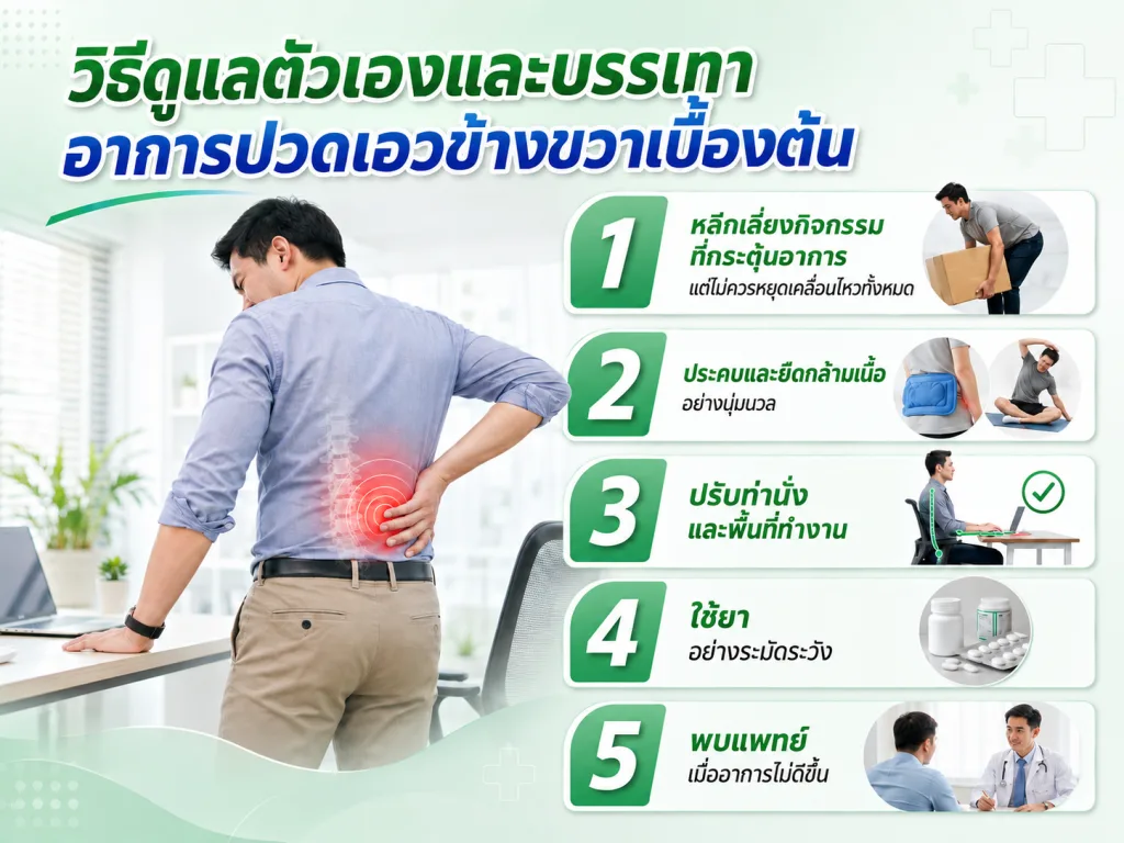 วิธีดูแลตัวเองและบรรเทาอาการปวดเอวข้างขวาเบื้องต้น
