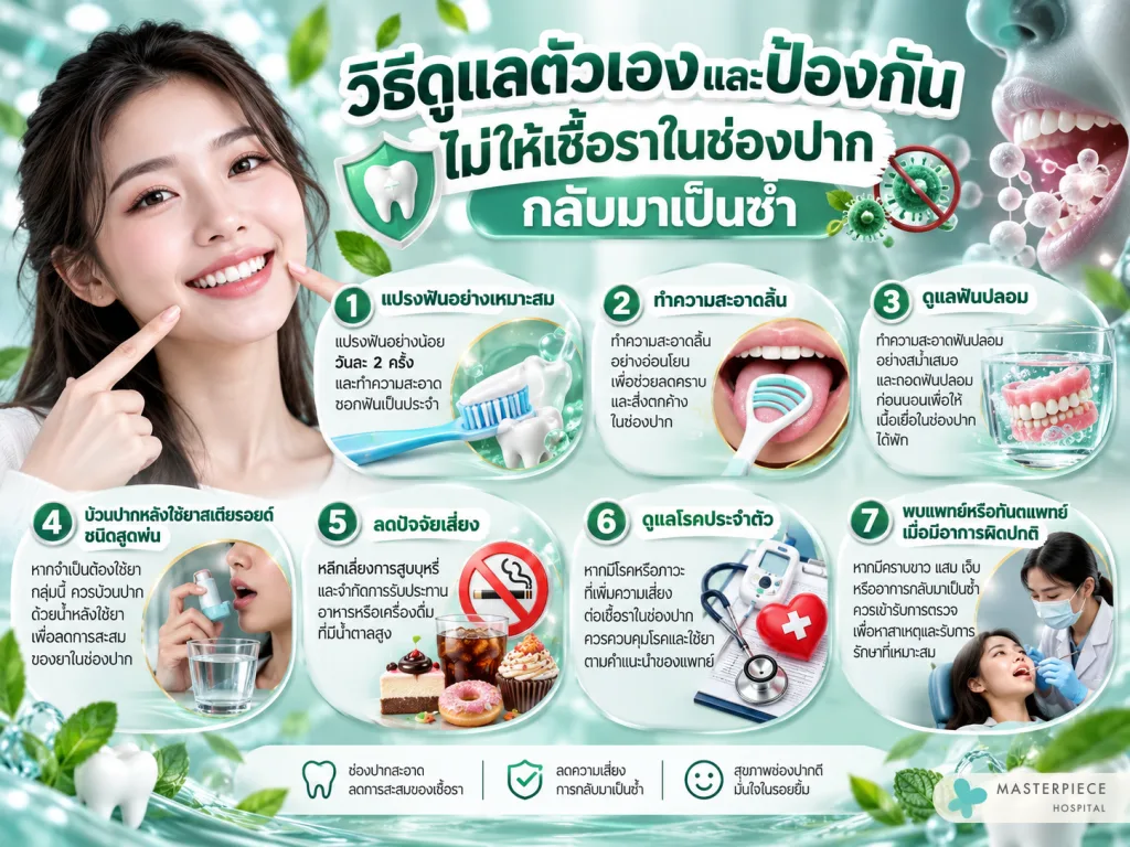 วิธีดูแลตัวเองและป้องกันไม่ให้เชื้อราในช่องปากกลับมาเป็นซ้ำ